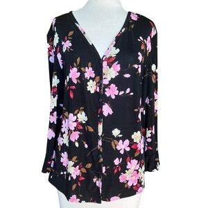 VINTAGE 90s Women’s Preppy Boho Black Office Floral Cardigan Blouse Sz L